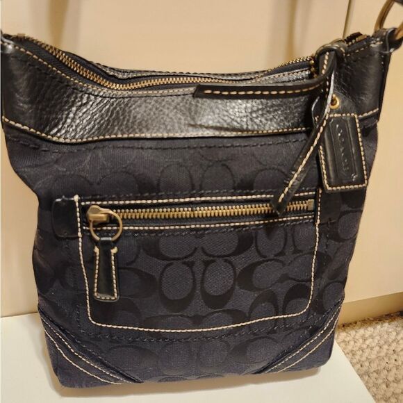 Coach Signature "CC" Logo Canvas w/Black Leather Trim Shoulder Bag Ret.$339 - Picture 2 of 14